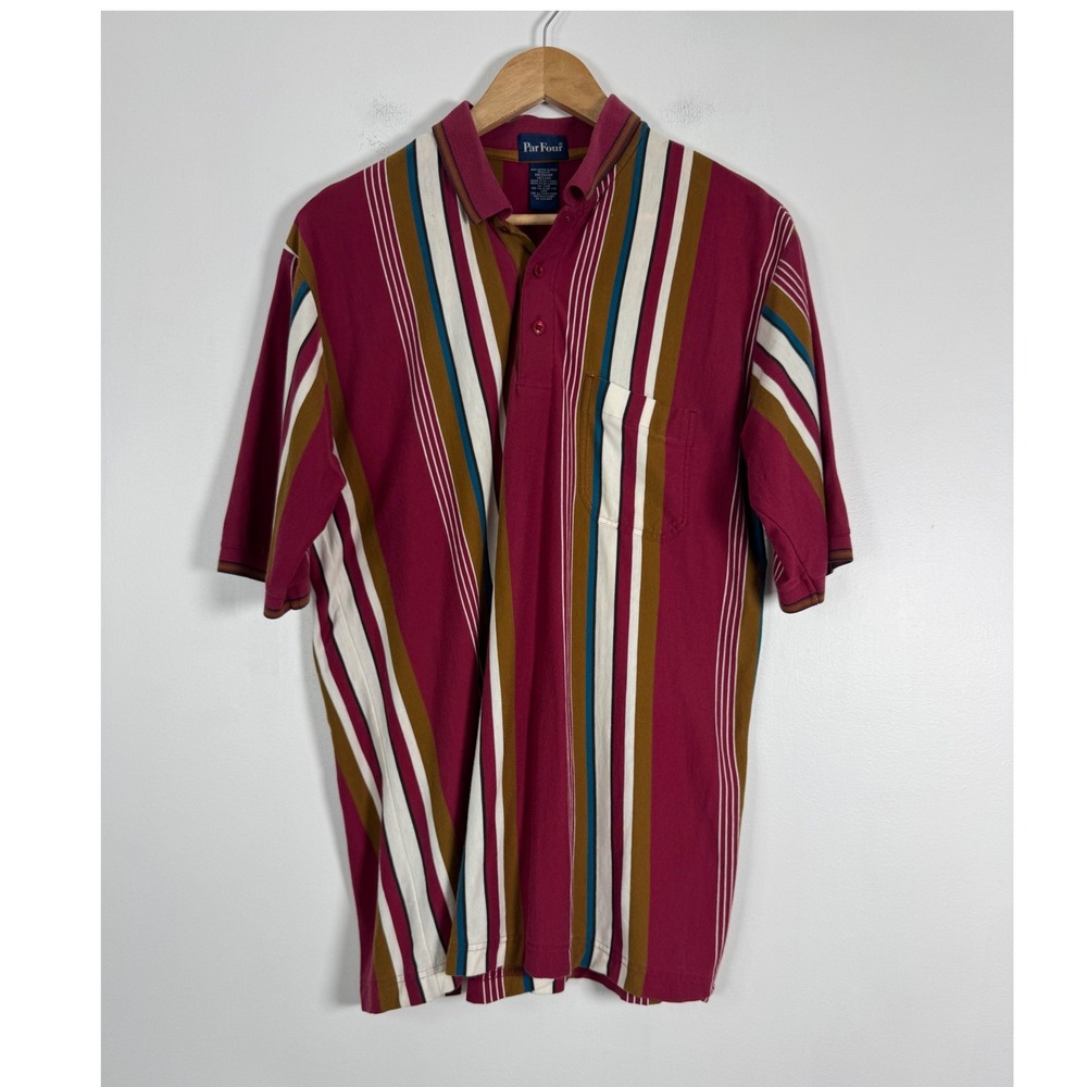 Retro Par Four Mens Med Polo Shirt Burgundy Multi Color Vertical Stripe Cotton